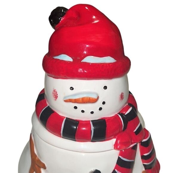 Pier 1 Import Ceramic Snowman with Scarf Christmas Hand Painted Cookie Jar - Picture 3 of 12